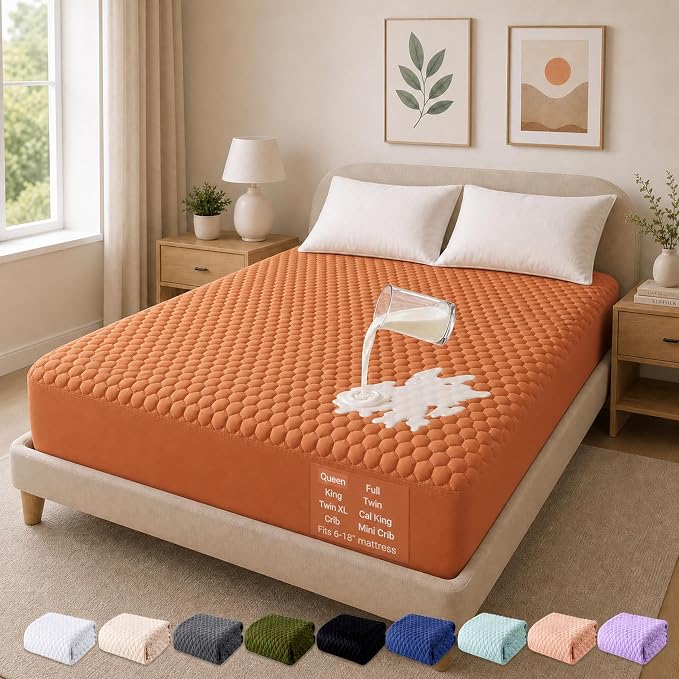 OhGeni 100% Waterproof Mattress Protector,Queen Size Mattress Soft Pad,Pet Hair & Bedwetting Resistant,Cooling Breathable Fitted Sheets,Washable Bed Cover Over 99 pcs Hex Filled Bumps,Orange