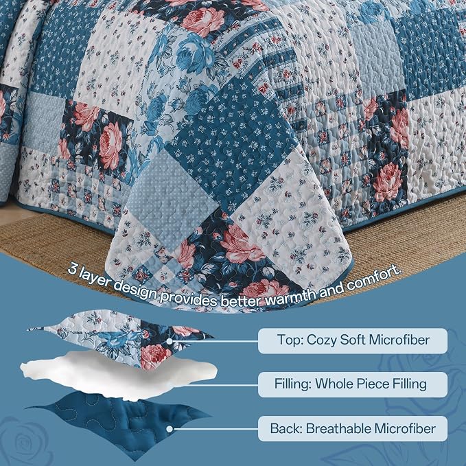 Anibedding Quilt Set King Size, 3 Pieces Blue Floral Patchwork Bedspread with Red Flower Pattern Coverlet Set, Soft Microfiber Bedding Set Reversible Bed Cover for All Season 110''x90''