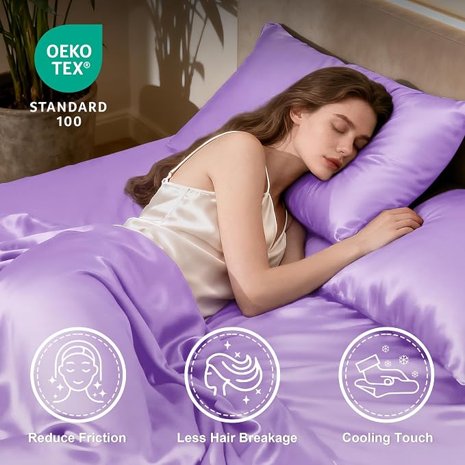 Love's cabin 4Piece California King Satin Bed Linen Set, Lavender Silky Satin Sheets, Deep Pocket, Luxury Silk Feel, 1 Flat, 1 Fitted Sheet, 2 Pillow Cases
