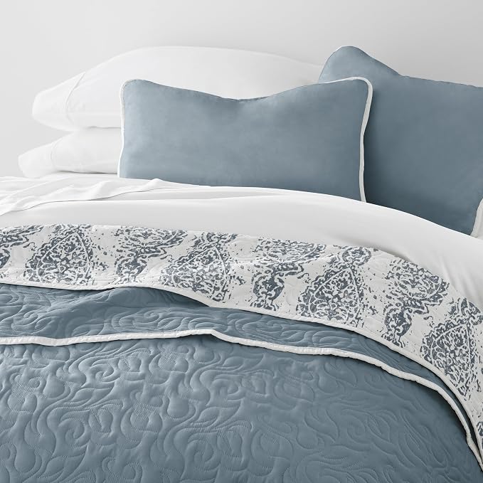 Merit Linens Soft Quilt Coverlet Bedding Set - Pattern/Solid Reversible - Full/Queen Dusk Blue