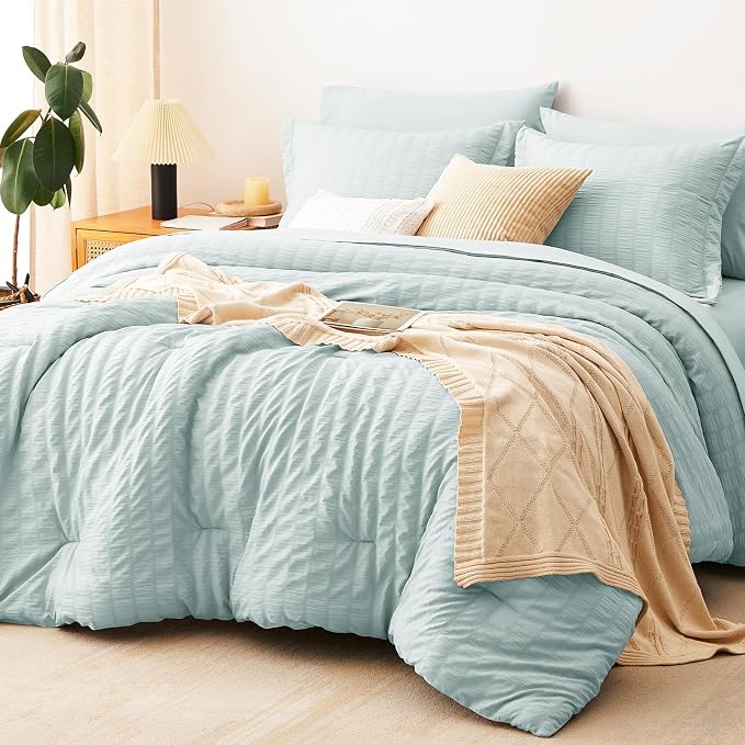 King Size Comforter Set, 7 Pieces Ice Blue Seersucker Bed in a Bag | OEKO-TEX Certified, All Season Bedding Set with 240 GSM Down Alternative Comforter, Flat & Fitted Sheets, Pillowcases & Shams