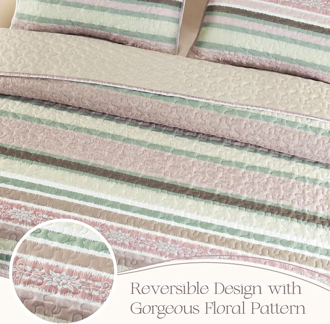 Exclusivo Mezcla Reversible Boho Quilt King Size Pink | Lightweight Soft Bedspreads, All Season Striped Coverlet Bedding Set, Printed Floral Pattern, 1 Quilt and 2 Pillow Shams