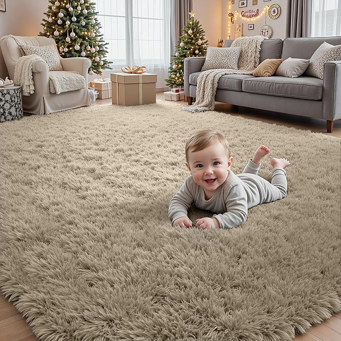 5x7 Fluffy Shag Area Rugs for Living Room Bedroom: Soft Carpet Gray Camel | Upgraded Non-Slip Thick Memory Foam, Ultra Soft, Non-Shedding Fuzzy Carpet, Easy Clean Decor for Kids Room, Nursery, Playroom