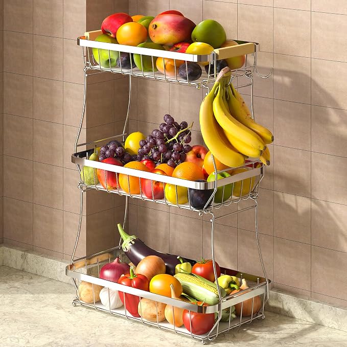 Sevenblue 3-Tier Fruit Basket with Banana Hangers, Detachable Metal Bowl | Wooden handle, protective mats included. Versatile holder for bread, snacks, and veggies. Large 3 tier metal design.