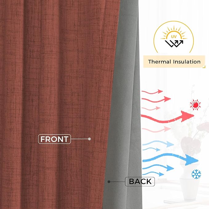 INOVADAY 100% Blackout Curtains for Bedroom Black Out Curtain 108 Inch Long | Terracotta Living Room Curtains 2 Panels, Clip Rings Linen Look Blackout Drapes, Thermal Insulated Room Darkening,W50xL108