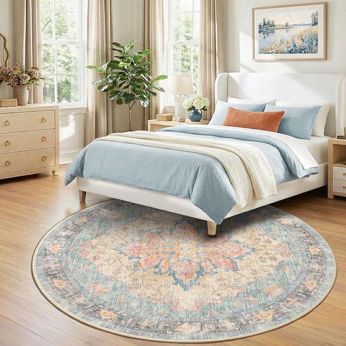 RELEANY Washable Area Rug, Round 8ft, Blue/Orange/Red | Non-Slip, Water Repellent, Pet Friendly, Easy to Clean, Vintage Floral Boho Decor for Living Room Bedroom Dining Room