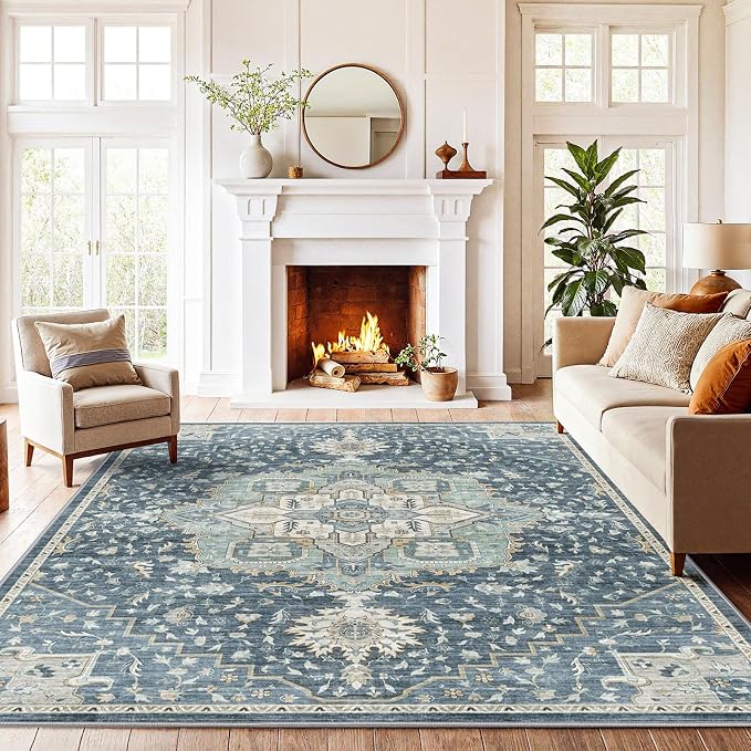 AMADA HOMEFURNISHING Washable Area Rugs, Low-Profile Washable Rug with Non-Slip Backing & Durable Edge Binding, Vintage Rugs for Living Room, Bedroom, Dinning Room (6x9, Blue/Yellow)