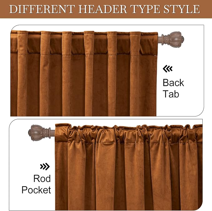 RYB HOME Burnt Orange Velvet Blackout Curtains for Bedroom 63 inches Length | Thermal Insulated, Privacy UV Heat Blocking, Luxurious Soft Fabric, Back Tab, Drapes for Nursery Office, W42 x L63, 2 Panels