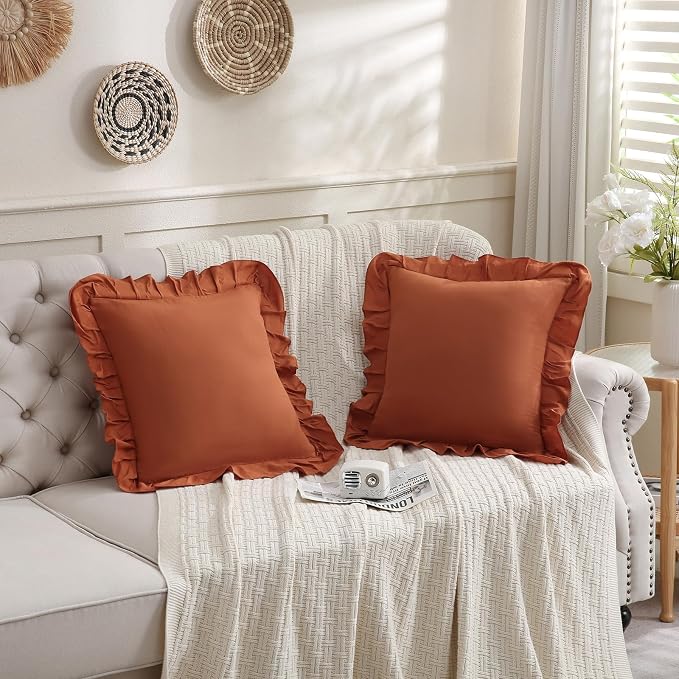 Merryword Burnt Orange Pillowcases 18x18 Caramel Throw Pillow Covers Pack of 2 Ruffle Pillowcase Cushion for Couch Sofa Bedroom