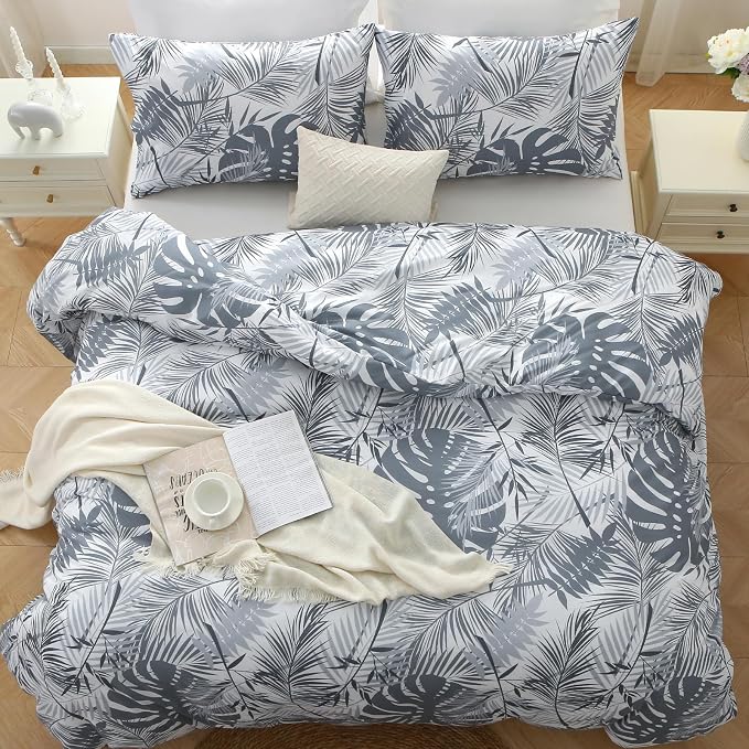 MUXHOMO Duvet Cover King Size, Reversible Floral Black & Grey Duvet Cover Set with Zipper Closure, 3 Pieces Botanical Patterns Soft Microfiber Bedding Set (90"x104", 2 Pillow Cases 20"×36") US