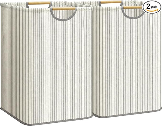 STORAGE MANIAC 2-Pack Large Laundry Hamper, 100L (26.4 Gal) Collapsible Laundry Basket with Bamboo Handles, Freestanding Waterproof Clothes Hamper for Laundry Room, Bedroom, Dorm, Towels, Stripe