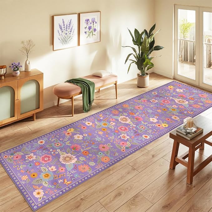 Floral Washable 2x10 Area Rugs Runner Entryway Hallway Purple/Pink | Flower Carpet, Print, Boho, Non-Slip, Easy to Clean, Low Pile, Soft, for Living Room Bedroom Kitchen Office Entrance