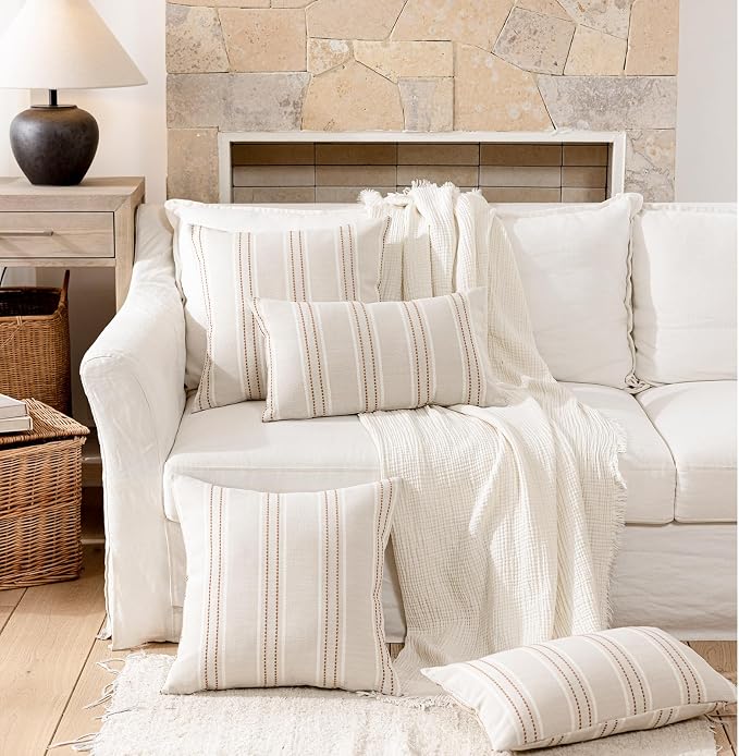 Hckot Terracotta Throw Pillow Covers 24x24 Set of 2 Striped Pillow Covers | Farmhouse Decorative Pillows Textured Linen Square Cushion Covers for Sofa Couch Bed Living Room Decor(Camel)