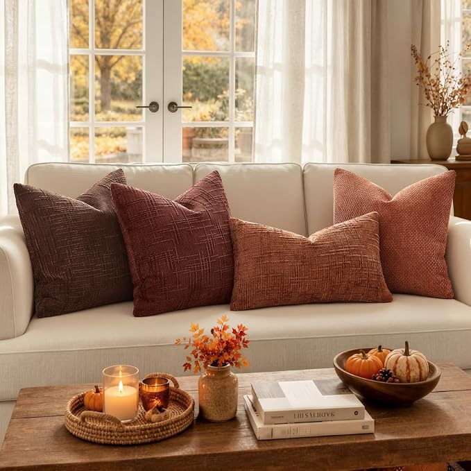 MIULEE Chenille Textured Fall Throw Pillow Covers Burnt Orange 18x18 | Set of 2, Slubby Decorative Pillows, Boho Farmhouse Home Decor, Modern Neutral Cushion Covers for Couch Sofa Bed Living Room
