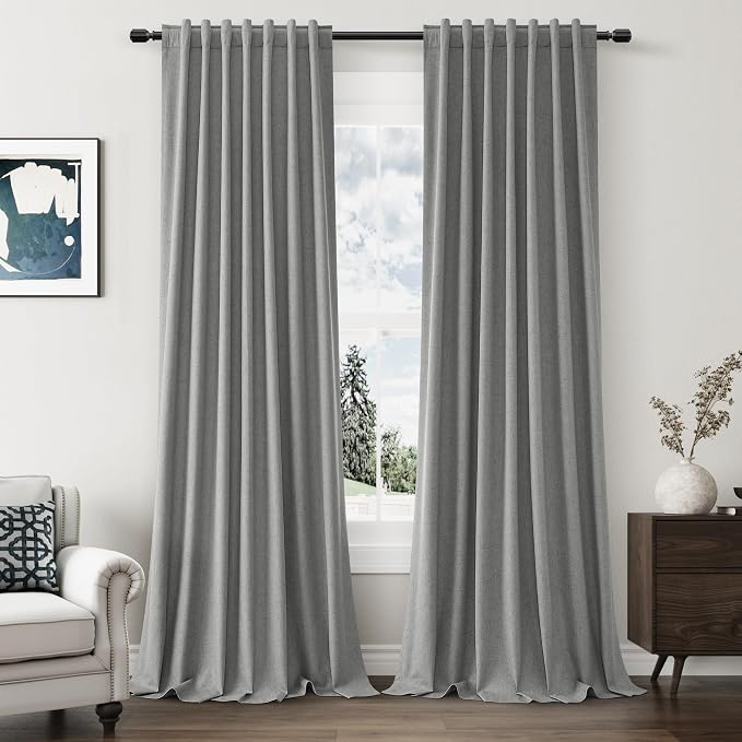Dark Grey 100% Blackout Linen Curtains 90 Inch Length 2 Panels Set for Living Room Back Tab Thermal Insulated Black Out Drapes Room Darkening Farmhouse Style for Bedroom Window Curtains