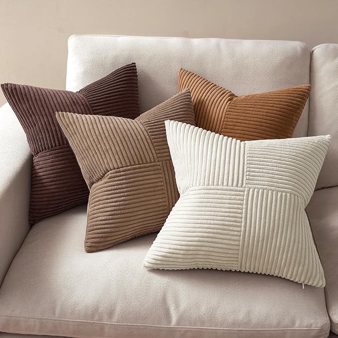MIULEE Brown Throw Pillow Covers 20x20 Inch Set of 4 Boho Farmhouse Cushion Cases Neutral Gradient Corduroy Pillow Cases with Invisible Zipper Patchwork Home Decor for Couch Sofa Bed
