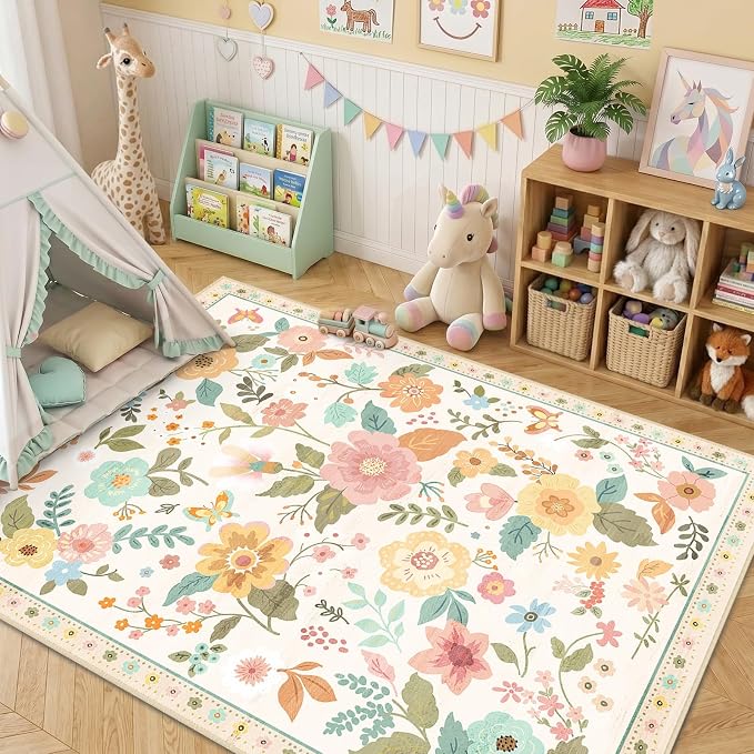 RELEANY Floral Washable 5x7 Area Rugs Beige/White/Orange | Flower Carpet, Print, Boho, Non-Slip, Easy to Clean, Soft, Low Pile for Living Room Bedroom Kitchen Office Entryway Hallway