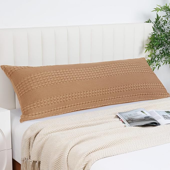 PHF 100% Cotton Waffle Body Pillowcase with Zipper, 1 Pack 20" x 54" Soft Skin-Friendly Pillow Sham, No Filling, Aesthetic Woven and Breathable Waffle Weave Body Pillow Cover for Bed, Clay