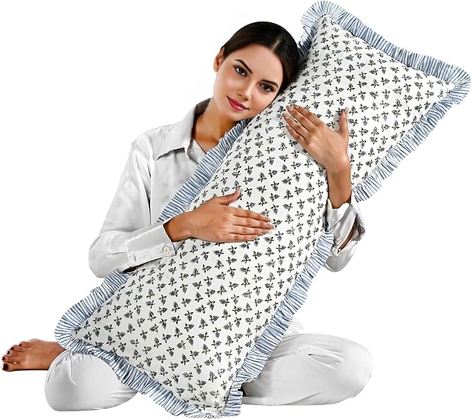 Ridhi Block Print Baby Blossams Ruffle Lumbar Pillow Shams, 36" x 14" Set-1 | 100% cotton, Floral Pillowcase, Cushion Cover, Hidden Zipper, Cottagecore Bedding, farmhouse boho style, fits couch, sofa,Bed