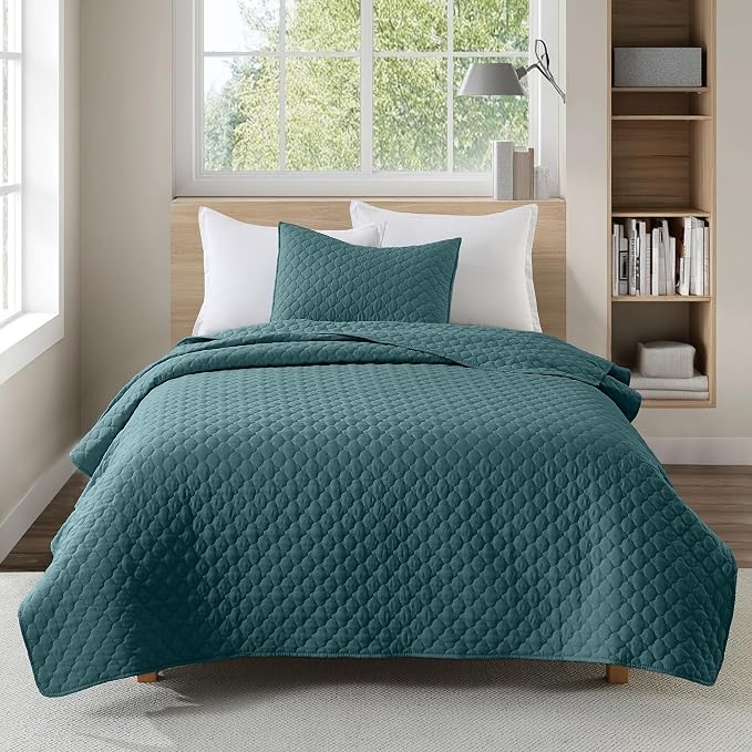 HORIMOTE HOME Quilt Twin Size Teal Blue, Lightweight Quilt for Summer Ultra-Soft Microfiber Modern Style Quilted Clouds Pattern Bedspread Quit Set 2 Pieces (1 Quilt and 1 Pillow Sham)