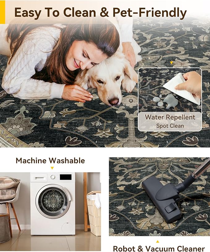 RELEANY Washable Area Rug, Round 8ft, Black/Vintage/Beige | Non-Slip, Water Repellent, Pet Friendly, Easy to Clean, Vintage Floral Boho Decor for Living Room Bedroom Dining Room