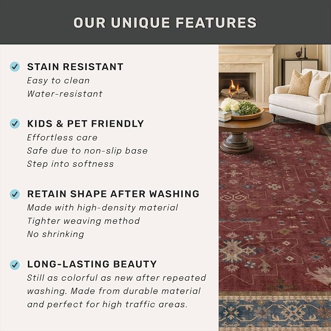 5x7 Boho Dark Red Rug for Living Room - Vintage Oriental Revival Low-Pile Carpet for Bedroom, Dining Table, Home Office, Machine Washable Area Rug Non-Slip with Rubber Back