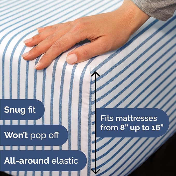 Full 6 Piece Bed Sheet Set - Breathable & Cooling Sheets - Blue Stripes | Ultra-Soft Hotel Luxury Bedding Set with 8-16 Inch Deep Pockets, 1 Flat & 1 Fitted Sheet & 4 Pillowcases, Wrinkle & Fade Free