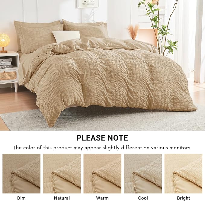 HYMOKEGE Khaki Oversized Queen Comforter Set Seersucker 7 Pieces, All Season Luxury Bed in a Bag for Bedroom, Bedding Set with Comforter, Sheets, Pillowcases & Shams