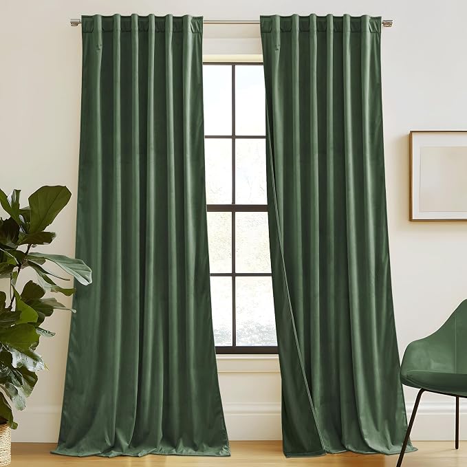 RYB HOME Army Green Velvet Curtains 90 inches for Bedroom Living Room | Thermal Insulated, Privacy UV Block, Noise Reducing, Energy Saving, Luxury Window Decor for Dining Room, W52 x L90, 2 Panels