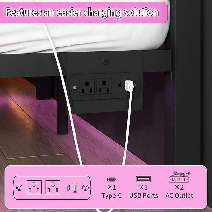 CLIBFENG Full Size Bed Frame with Headboard and Footboard,Steel Slats Support-LED Bed Frame with Charging Station,Mattress Foundation-Under Bed Storage, No Box Spring Needed,Noise Free,Black