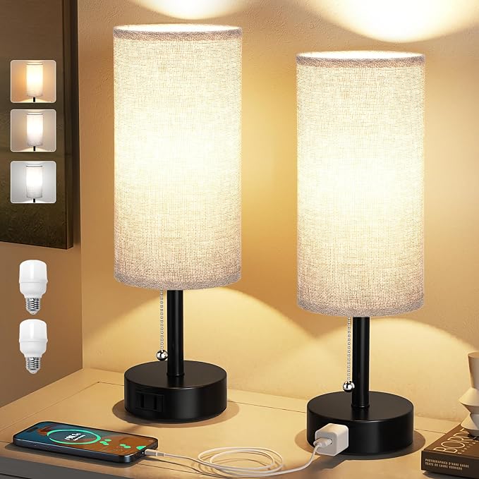 Grey Bedside Table Lamps Set of 2 - Bedroom Lamp for Desk, AC Outlet | 3CCT(3000K/4000K/5000K), LED Bulbs Included, Grey Fabric Lampshade, 14in Small Lamp for Nightstand, Guest Room, Living Room