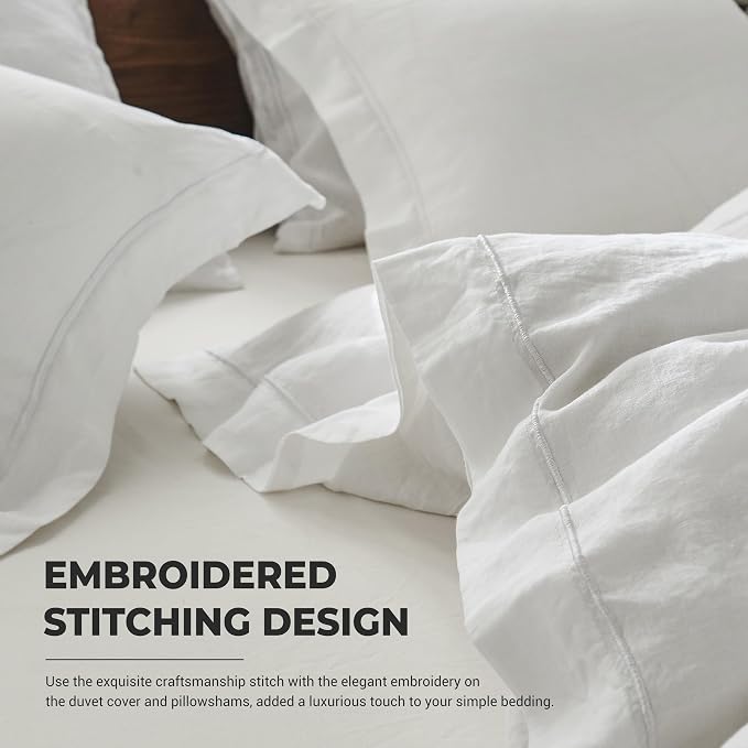 Simple&Opulence 100% French Linen Duvet Cover Set with Embroidered,3 Pcs Washed Soft Farmhouse Bedding Set with Button Closure,1 Comforter Cover and 2 Pillowshams(Queen,White)