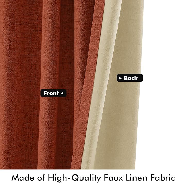 MIULEE Fall 100% Blackout Linen Curtains 42 x 96 Inch Burnt Orange 2 Panels | Thermal Insulated, Room Darkening Drapes for Bedroom Living Room, Back Tab Rod Pocket Pinch Pleated, Solid Luxury Decor