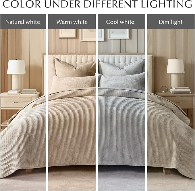 Striped Channel Velvet Quilt Set, King Size, Urban Taupe | Luxurious Soft Lightweight Velvet Comforter, Oversized Bedspread Coverlet, Quilted Bedding Set for All Season, with 2 Shams