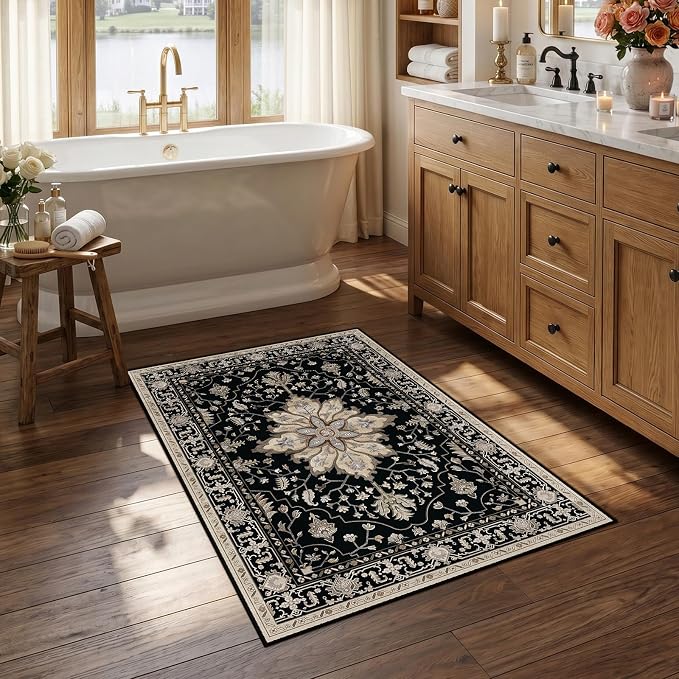 RELEANY Washable Area Rug, Small 2'6"x4', Black/Neutral | Non-Slip, Water Repellent, Pet Friendly, Easy to Clean, Vintage Floral Boho Decor for Kitchen Entryway Bathroom