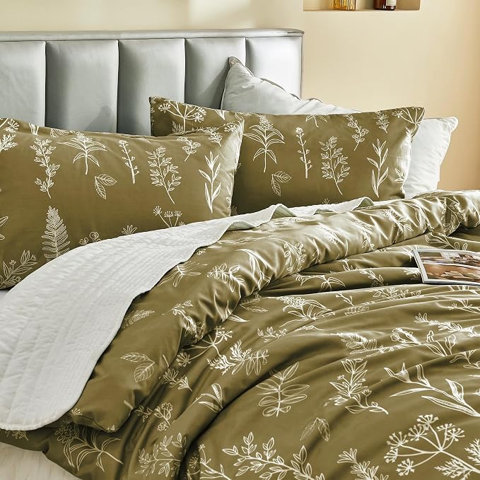 MUXHOMO Duvet Cover Twin/Twin XL Size Set, Reversible Floral Olive Green Duvet Cover with Zipper Closure, 2 Pieces Botanical Patterns Soft Microfiber Bedding Set with 4 Ties (68"x90", 1 Pillow Case)