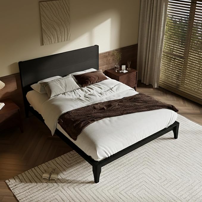 Merax Full Size Bamboo Platform Bed Frame with Tall Headboard, Black | Mid-Century Modern Solid Bedframe Full-Size, Wood Slat Support, No Box Spring Needed, Easy Assembly, Noise Free