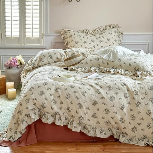 Vintage Floral Duvet Cover Twin for Girls, Shabby Chic Quilt Cover Ruffled Kids Bedding, 100% Cotton Muslin, Soft Breathable, 68"x86", Zipper Closure, No Pillowcase