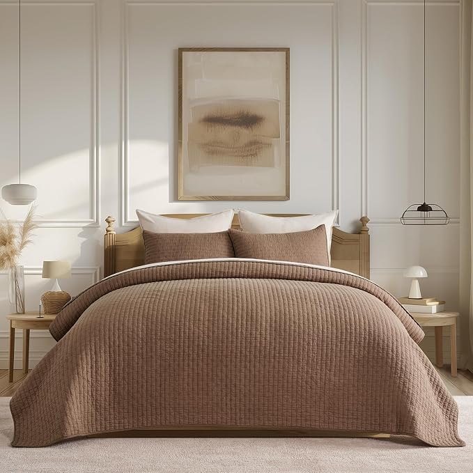 100% Cotton Cross Stitch 3-Piece Quilt Set, Queen, Camel Brown | 100% Cotton, Elegant Cross Stitch, Soft & Breathable, Prewashed Softness, Oversized Design, OEKO-TEX® Certified