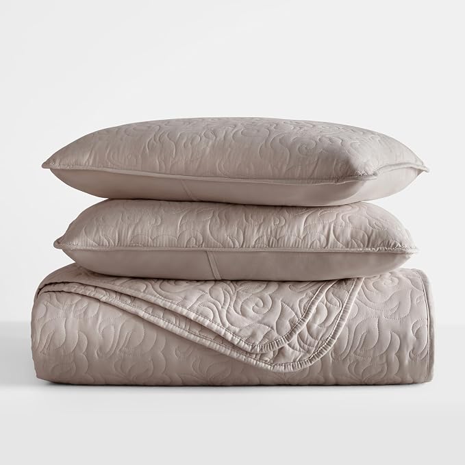 Merit Linens Modern Quilt Coverlet Soft Set in Floral Stitching - Full/Queen Latte