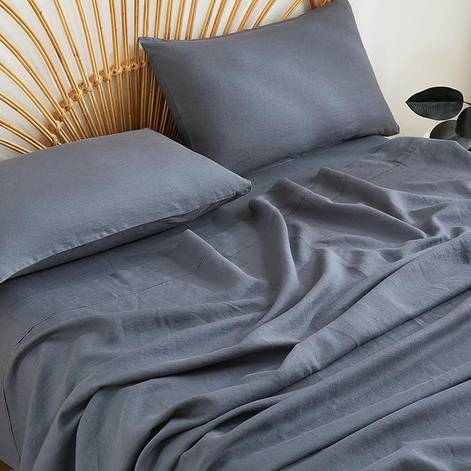100% Linen Sheets Set King Size, Natural Pure Flax 4 Piece Bed Sets, 16" Deep Pocket, Breathable Cooling Bed Soft Durable Bedding, Machine Washable (Gray,King)