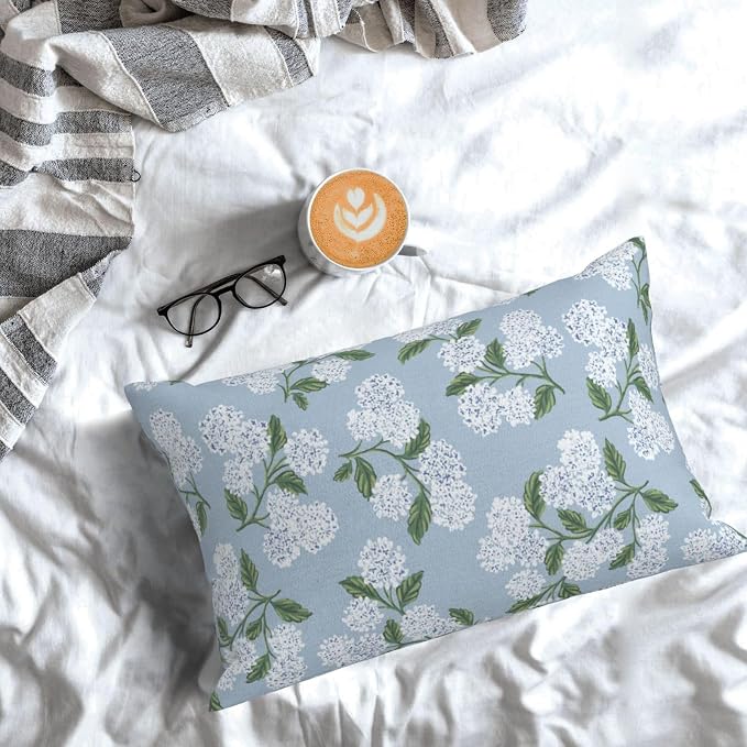Light Blue Pillow Covers 12x20 Inch 2 Pcs Blue Green Hydrangea Flower Decor Throw Pillows Vintage Floral Seasonal Spring Summer Outdoor Decoration Pillowcase Linen Cushion Cover for Couch Sofa