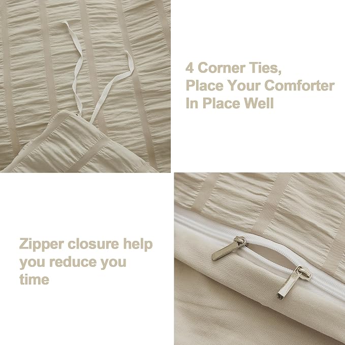 AveLom Beige Seersucker Duvet Cover Set Full Size (80 x 90 inches), 3 Pieces (1 Duvet Cover + 2 Pillow Cases), Ultra Soft Washed Microfiber, Textured Duvet Cover with Zipper Closure, Corner Ties