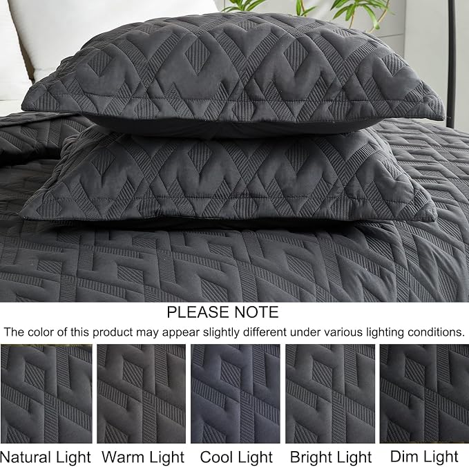 Cmfshape Diamond Embroidery Quilt Set,3 Pieces King Quilt Bedding Set,Lightweight Soft Quilt Set for All Seasons,Soft Bedspread Reversible Coverlet(Dark Gray,106"x96")