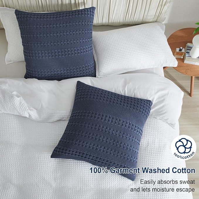 PHF 100% Cotton Waffle Weave Euro Sham Covers, 2 Pack 26" x 26" Bed Pillow Covers for Elegant Home Decor, No Filling, Luxury Aesthetic Soft Euro Pillow Cases for Bed, Indigo