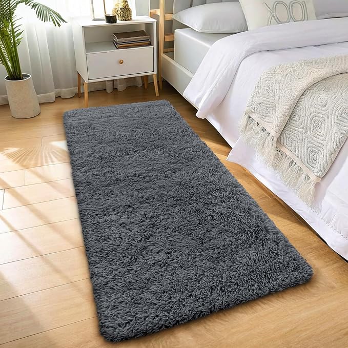 OLANLY 2x7 Machine Washable Runner Rugs for Hallway, Soft Fluffy Shaggy Bedside Rugs for Bedroom, Living Room, Indoor Floor Carpet for Kids Girls and Boys, Nursery Rooms, Home Decor Aesthetic, Grey