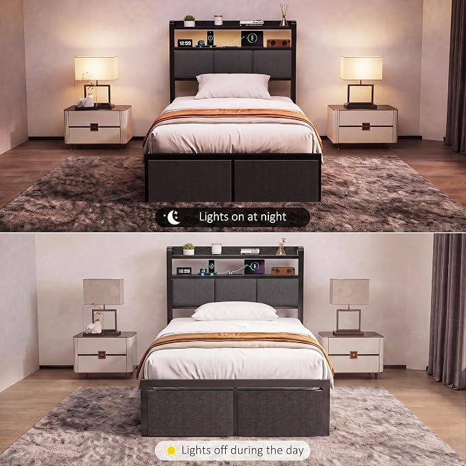 Twin Bed Frames with 2 Storage Drawers, Platform Bed with LED Lights & Charging Station, Upholstered Headboard with 2-Tier Shelves, Heavy Duty Metal Sltats, No Box Spring Needed, Noise Free