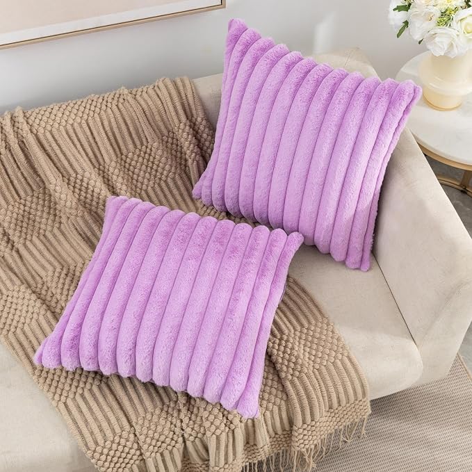 ZLINA Light Purple Striped Faux Fur Throw Pillow Covers 26 x 26 Inch | 2‑Pack, boho striped pillow covers,velvet back,fuzzy plush cushion covers , for sofa bed livingroom home decor