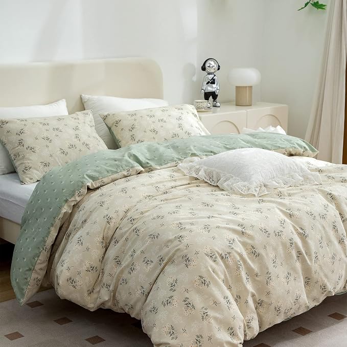 Floral Comforter Set King 3 Pieces Soft Chic Garden Style Green Floral Print Lightweight Botanical Flower Comforter Set for All Seasons 1 Comforter and 2 Pillowcases
