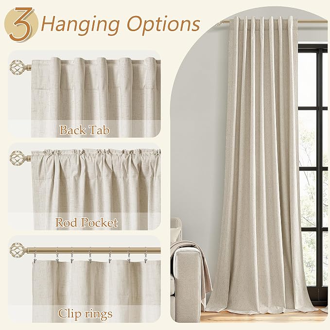 Extra Long 100% Blackout Linen Curtains for Bedroom 108 inches Long, Thermal Insulated Room Darkening Black Out Drapes for Living Room, Back Tab Rod Pocket 2 Panels Set,Taupe Burlywood,52x108